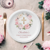 Pink floral wreath girl First Communion Papieren Bordje