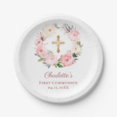 Pink floral wreath girl First Communion Papieren Bordje (Voorkant)