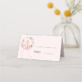 Pink floral wreath gold cross bow ribbon plaatskaartje (Voorkant)