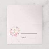 Pink floral wreath gold cross bow ribbon plaatskaartje (Buitenkant ongevouwen)