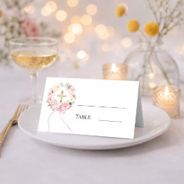 Pink floral wreath gold cross bow ribbon plaatskaartje