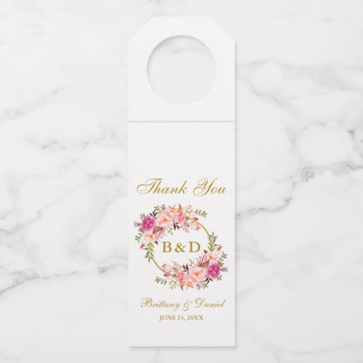 Pink Floral Wreath Gold Monogram Weddenschap Flessenhanger (Voorkant)