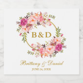 Pink Floral Wreath Gold Monogram Weddenschap Sparkling Wijnetiket (Enkel label)