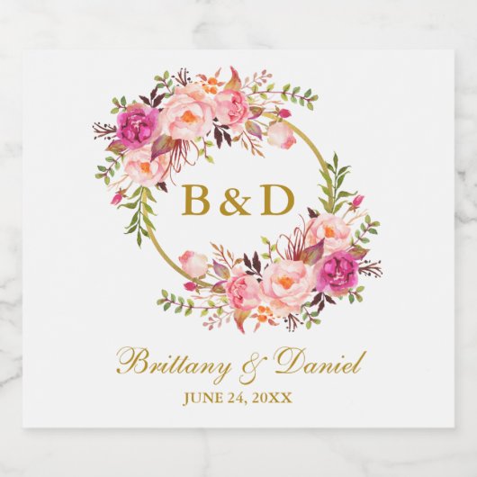 Pink Floral Wreath Gold Monogram Weddenschap Sparkling Wijnetiket (Enkel label)