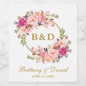 Pink Floral Wreath Gold Monogram Weddenschap Wijn Etiket (Enkel label)
