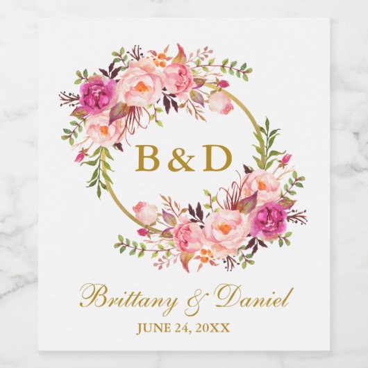 Pink Floral Wreath Gold Monogram Weddenschap Wijn Etiket (Enkel label)