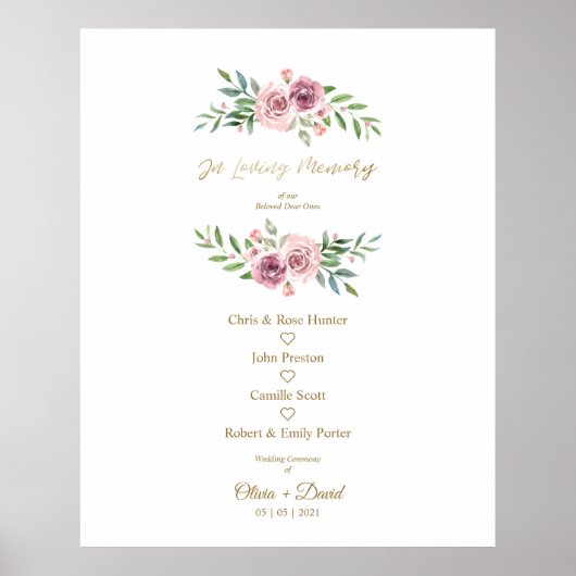 Pink Floral Wreath In Loving Memory Wedding Table Poster (Voorkant)