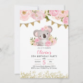 Pink Floral Wreath Koala Birthday Uitnodiging (Voorkant)