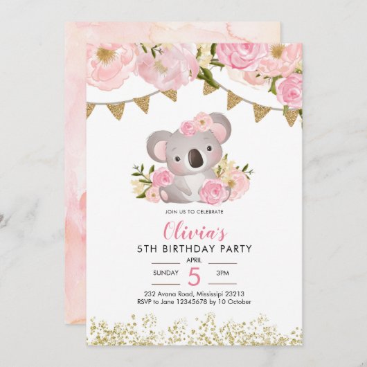 Pink Floral Wreath Koala Birthday Uitnodiging (Voorkant / Achterkant)