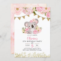 Pink Floral Wreath Koala Birthday Uitnodiging