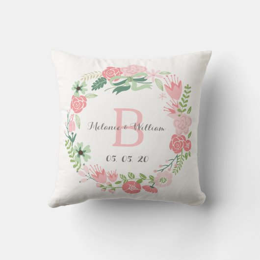 Pink Floral Wreath Personalized Wedding Pillow Kussen (Achterkant)