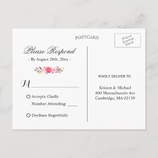 Pink Floral Wreaty Navy Blue Wedding RSVP Antwoord Uitnodiging Briefkaart (Achterkant)