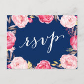 Pink Floral Wreaty Navy Blue Wedding RSVP Antwoord Uitnodiging Briefkaart (Voorkant)