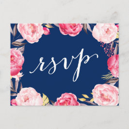 Pink Floral Wreaty Navy Blue Wedding RSVP Antwoord Uitnodiging Briefkaart