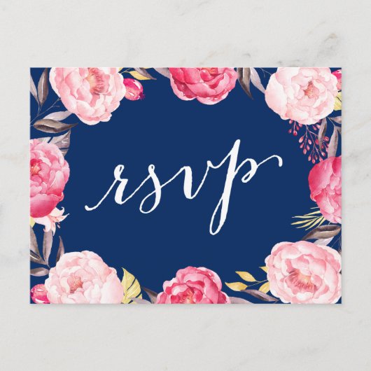 Pink Floral Wreaty Navy Blue Wedding RSVP Antwoord Uitnodiging Briefkaart (Voorkant)