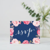 Pink Floral Wreaty Navy Blue Wedding RSVP Antwoord Uitnodiging Briefkaart (Staand voorkant)