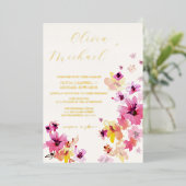 Pink floral Yellow Flowers Botanical Weddenschap G Folie Uitnodiging (Staand Voorkant)