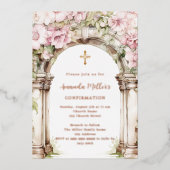 Pink florals arch beige rose gold Confirmation Folie Uitnodiging (Voorkant)