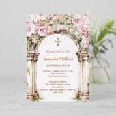 Pink florals arch beige rose gold Confirmation Folie Uitnodiging (Staand Voorkant)