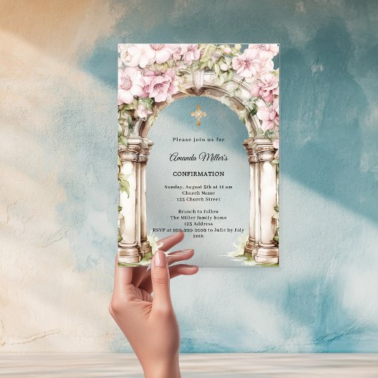 Pink florals arch girl Confirmation Acryl Uitnodigingen