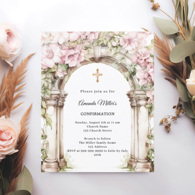 Pink florals arch girl Confirmation invitation (Creator heeft geüpload)