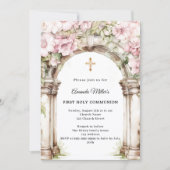 Pink florals arch girl First Communion Kaart (Voorkant)