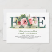 Pink Florals FIVE | 5e verjaardag feestuitnodiging Kaart (Voorkant)
