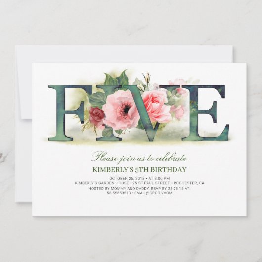 Pink Florals FIVE | 5e verjaardag feestuitnodiging Kaart (Voorkant)
