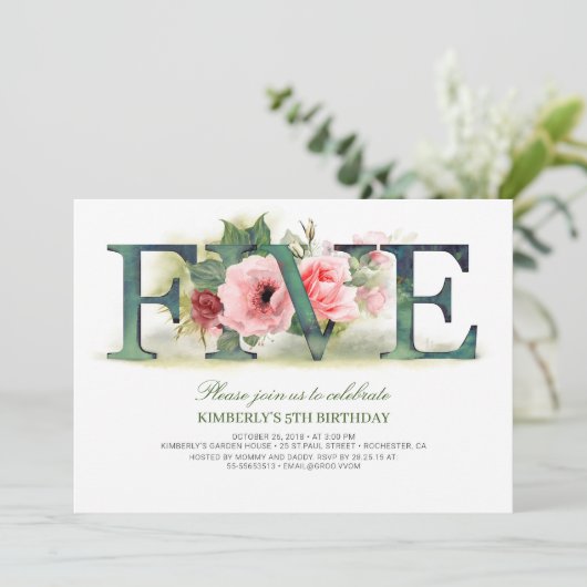 Pink Florals FIVE | 5e verjaardag feestuitnodiging Kaart (Staand voorkant)