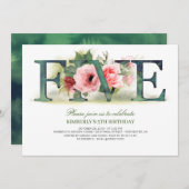 Pink Florals FIVE | 5e verjaardag feestuitnodiging Kaart (Voorkant / Achterkant)