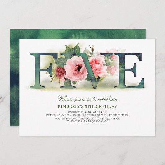 Pink Florals FIVE | 5e verjaardag feestuitnodiging Kaart (Voorkant / Achterkant)