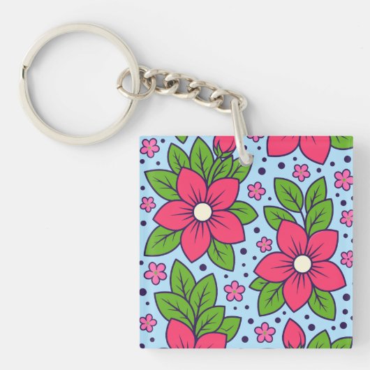Pink Florals with Bold Petals and Green Leaves Sleutelhanger (Voorkant)