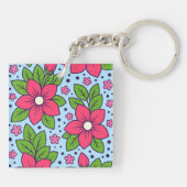 Pink Florals with Bold Petals and Green Leaves Sleutelhanger (Achterkant)