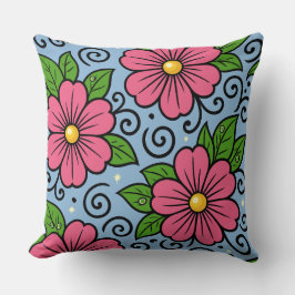 Pink Florals with Green Leaves and Curved Details Kussen