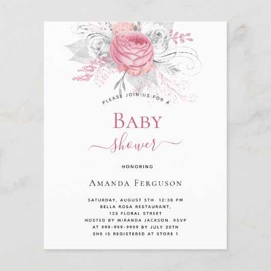 Pink florals zilver baby shower budget uitnodiging (Voorkant)