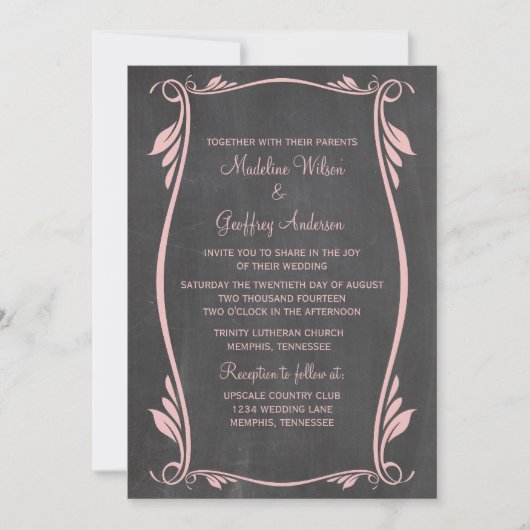 Pink Flourish Chalkboard Wedding Invite Kaart (Voorkant)