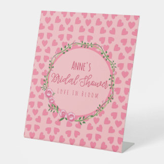 Pink Flower and Hearts Bridal Shower Pedestal Sign Reclamebord Met Voetstuk