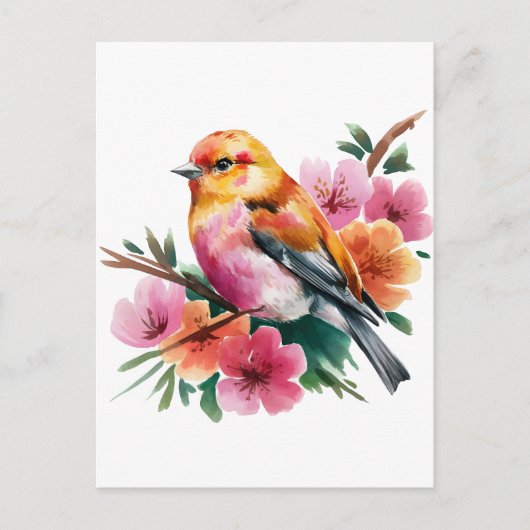 Pink Flower Bird Briefkaart (Voorkant)