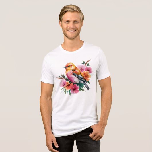 Pink Flower Bird Tri-Blend Shirt (Voorkant volledig)