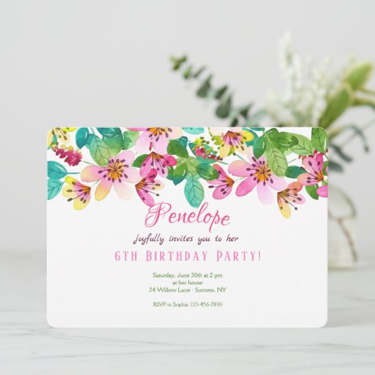 Pink Flower Border Uitnodiging (Staand voorkant)