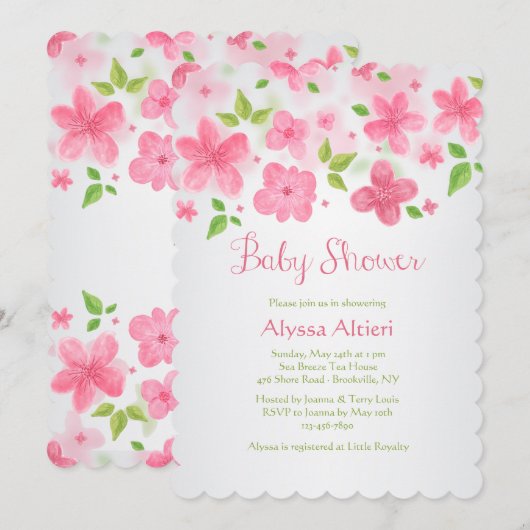 Pink Flower Border Uitnodiging (Voorkant / Achterkant)