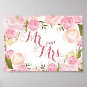 pink flower bridal shower SIGN Mr. and Mrs. Poster