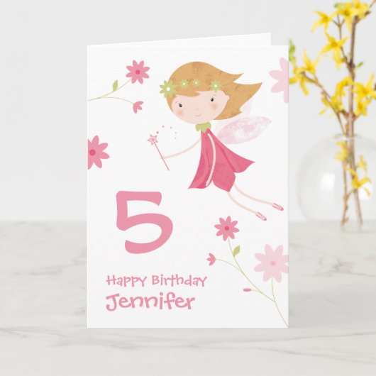 Pink Flower Fairy Gepersonaliseerde Verjaardag Kaa Kaart (Gele Bloem)