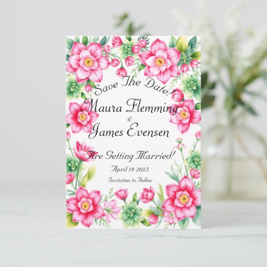 Pink Flower Flat Save the Date Kaart (Staand voorkant)