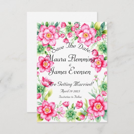 Pink Flower Flat Save the Date Kaart (Voorkant / Achterkant)