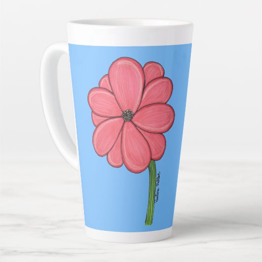 Pink Flower Full with Blue background Latte Mok (Linkerhoek)