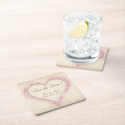 Pink Flower Heart Bewaar de datum Kartonnen Onderzetters (Insitu)