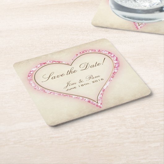 Pink Flower Heart Bewaar de datum Kartonnen Onderzetters (Schuin)