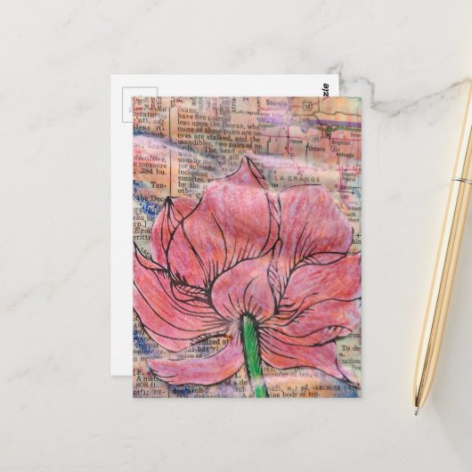 Pink Flower Map and Words Mixed Media Collage Briefkaart (Voorkant / Achterkant in situ)