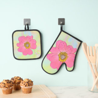 Pink Flower Ovenwant & Pannenlap Set